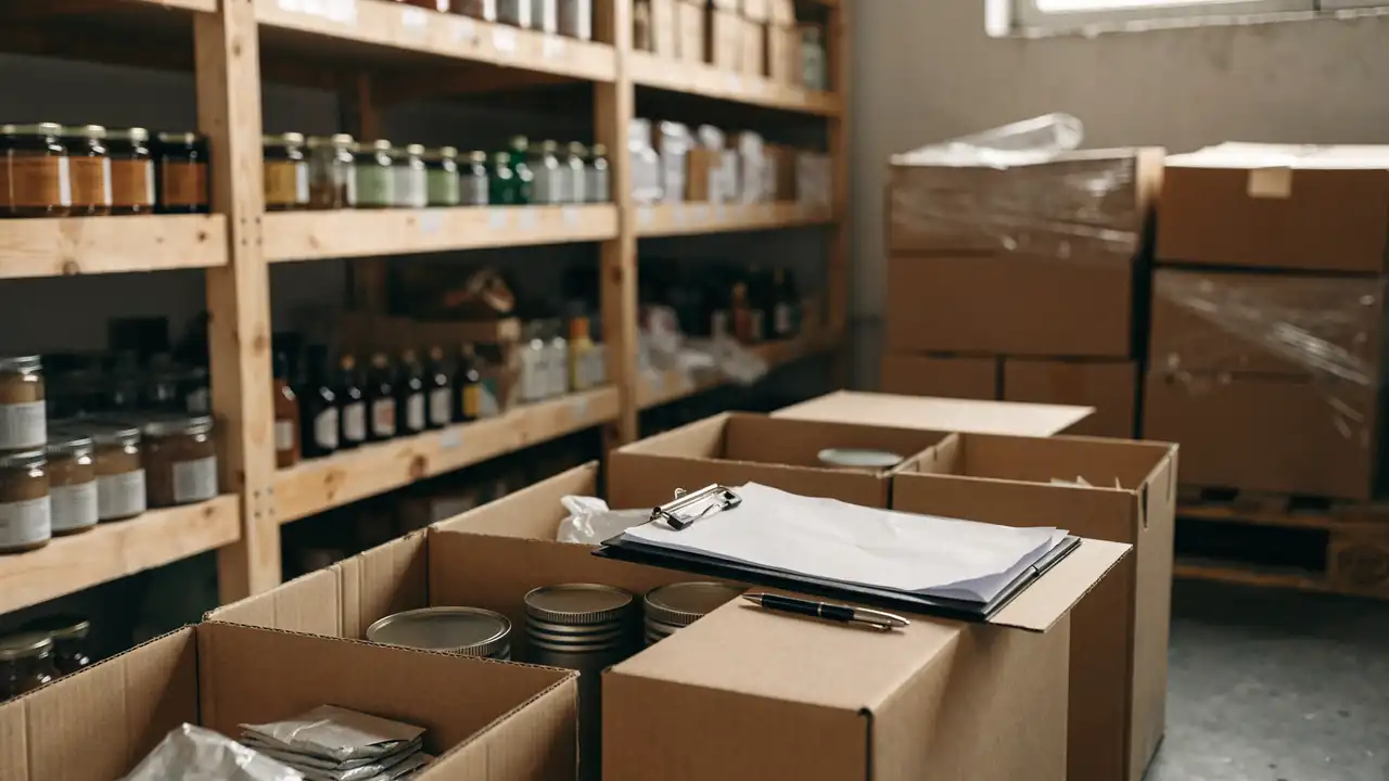 Une livraison contrôlée dans la réserve d'un petit commerce : cartons ouverts, bon de livraison sur une planchette et un stylo posé sur les cartons