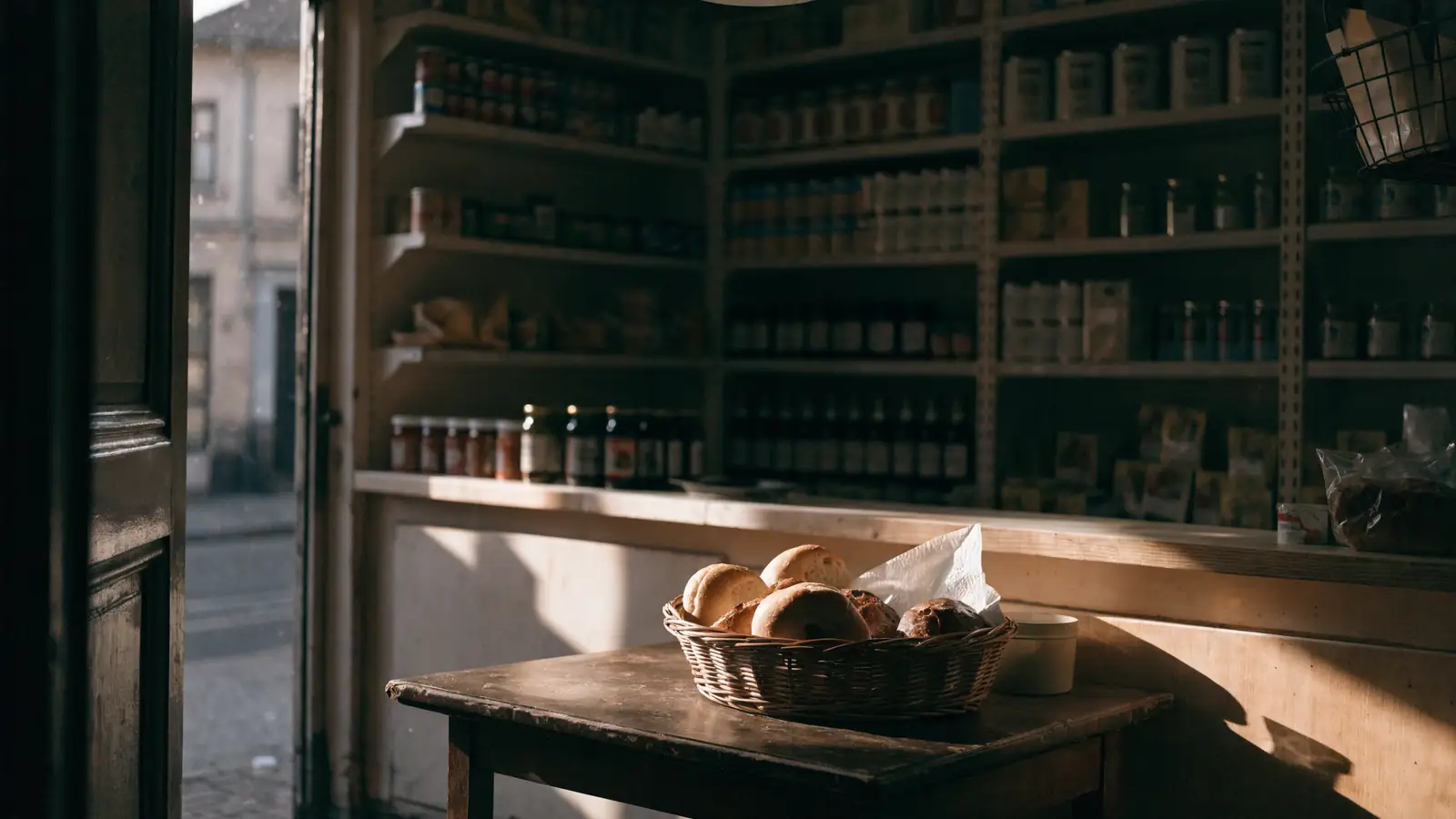 Luce del mattino all'ingresso di un piccolo negozio, pane fresco in un cesto davanti al bancone, scaffali ordinati sullo sfondo
