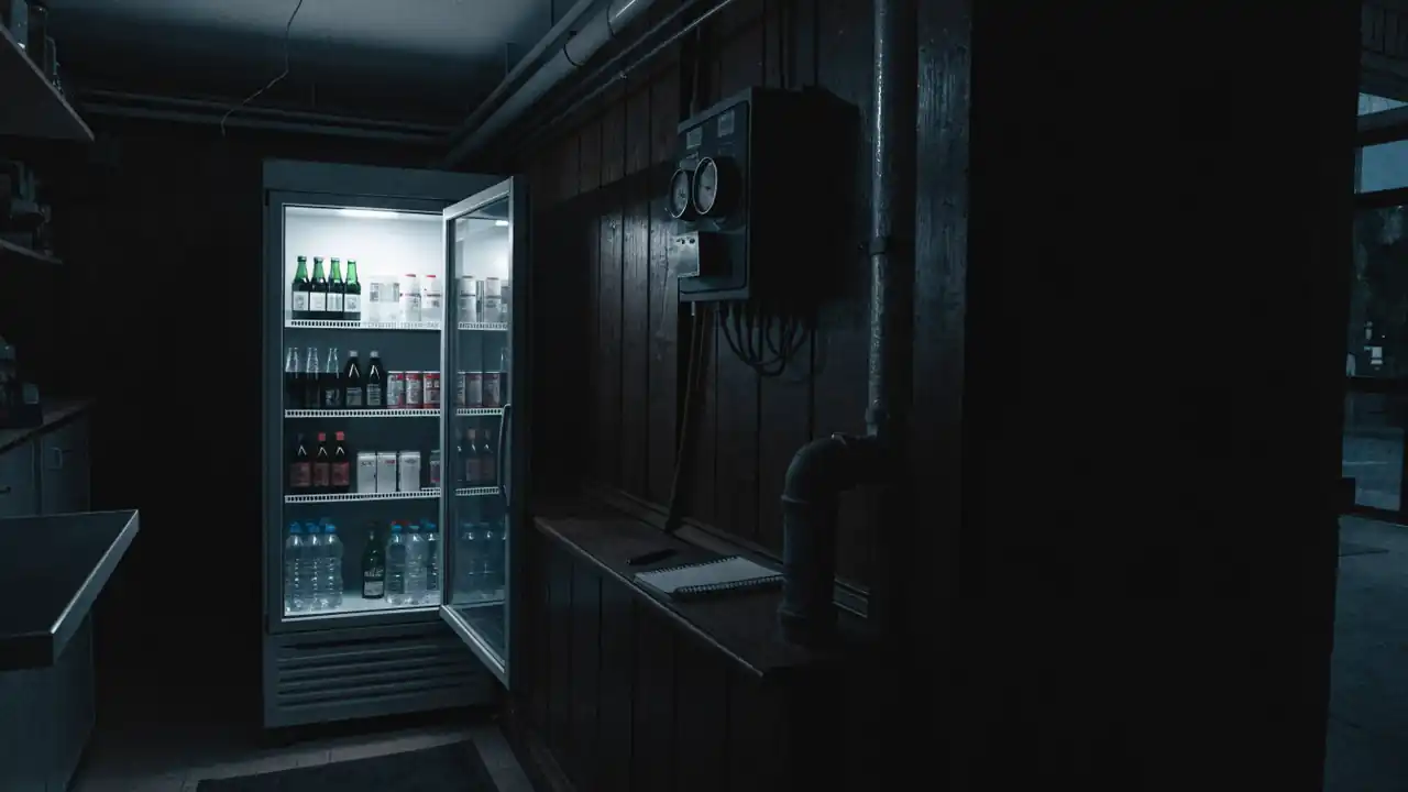 Lada chłodnicza w małym sklepie nocą, za nią licznik prądu i zeszyt z odczytem