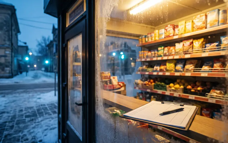 Un mic magazin alimentar închis pentru inventar într-o seară de iarnă: rafturi luminate, în prim-plan un clipboard cu o foaie de inventar goală și un pix pe marginea unui raft, în spate o fereastră cu flori de gheață și felinarele străzii