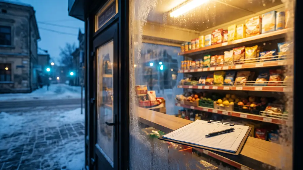 Un mic magazin alimentar închis pentru inventar într-o seară de iarnă: rafturi luminate, în prim-plan un clipboard cu o foaie de inventar goală și un pix pe marginea unui raft, în spate o fereastră cu flori de gheață și felinarele străzii