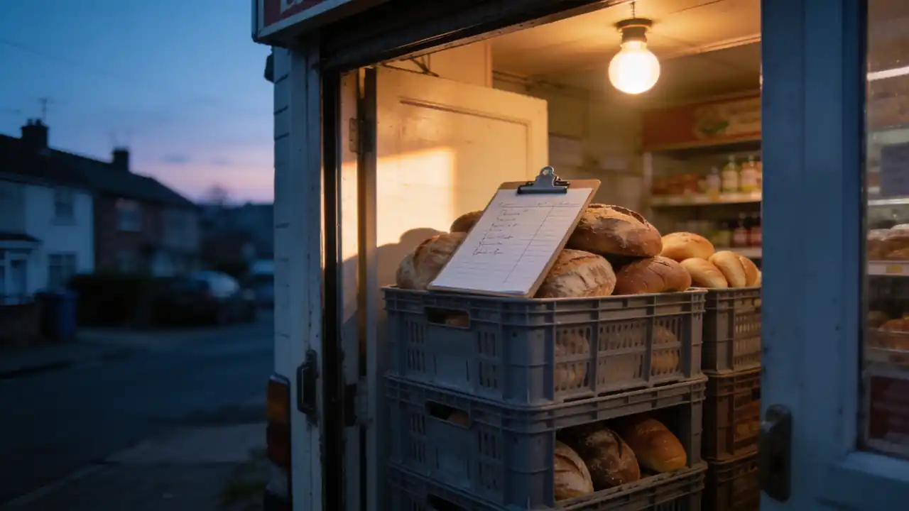 Frühmorgendliche Brotlieferung an der Hintertür eines kleinen Ladens: Brot und Brötchen in Plastikkisten, daneben ein handgeschriebener Bestellzettel