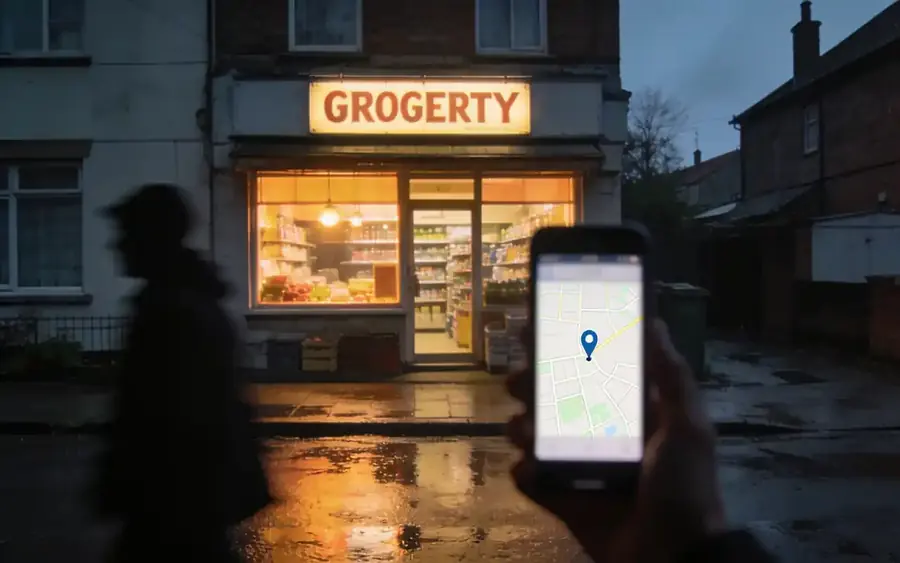 Ein beleuchteter Eckladen in der Abenddämmerung von der gegenüberliegenden Straßenseite, im Vordergrund ein Passant mit einem Handy, auf dem eine einfache Karte mit einer Markierung zu sehen ist