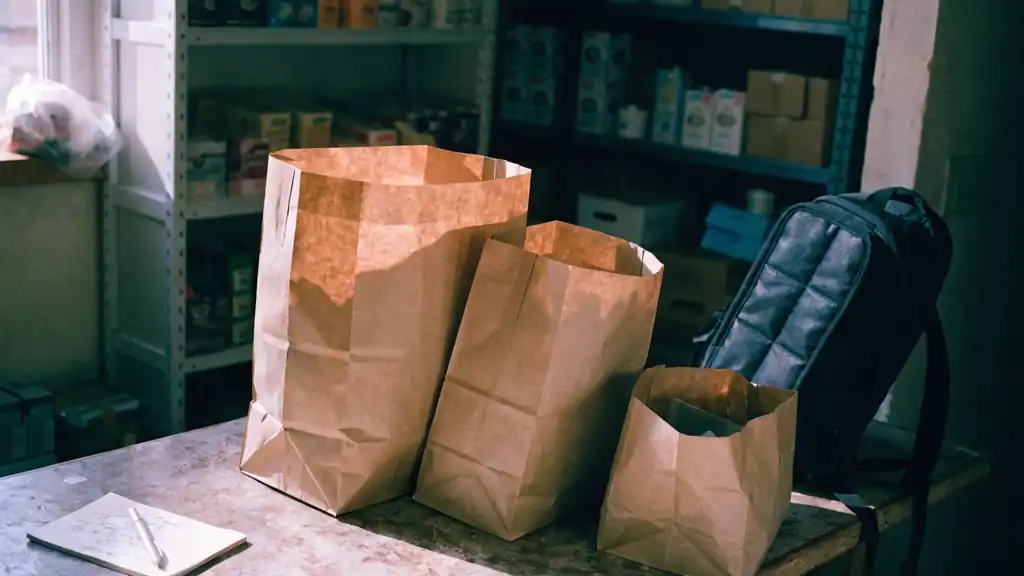 Fertig gepackte Bestellungen in Papiertüten am Ende der Theke eines kleinen Ladens, daneben eine Kuriertasche und eine handgeschriebene Bestellliste