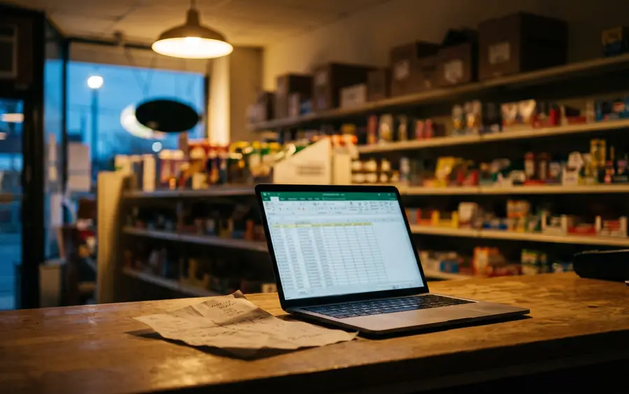 Un laptop deschis pe tejgheaua de lemn a unui magazin mic după închidere, un tabel neclar pe ecran, un aviz alături, cutii de carton și rafturi luminate în spate