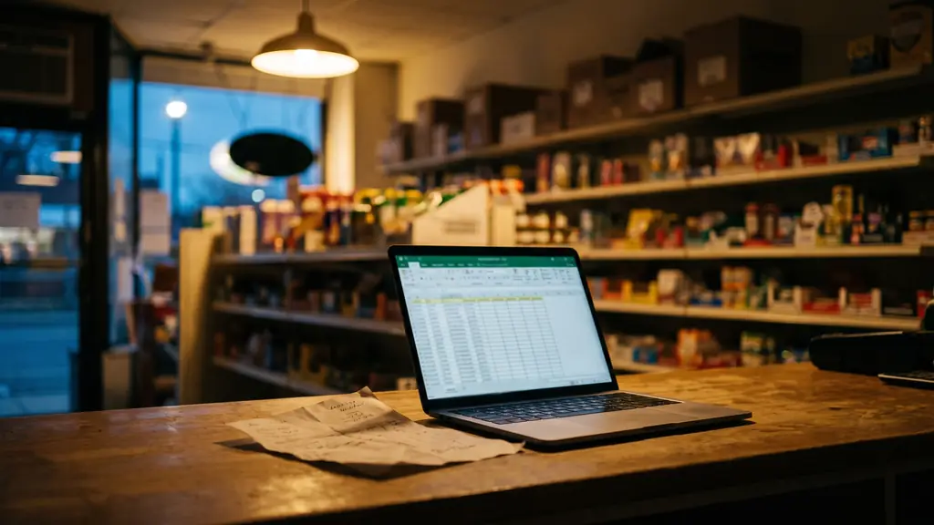 Un laptop deschis pe tejgheaua de lemn a unui magazin mic după închidere, un tabel neclar pe ecran, un aviz alături, cutii de carton și rafturi luminate în spate