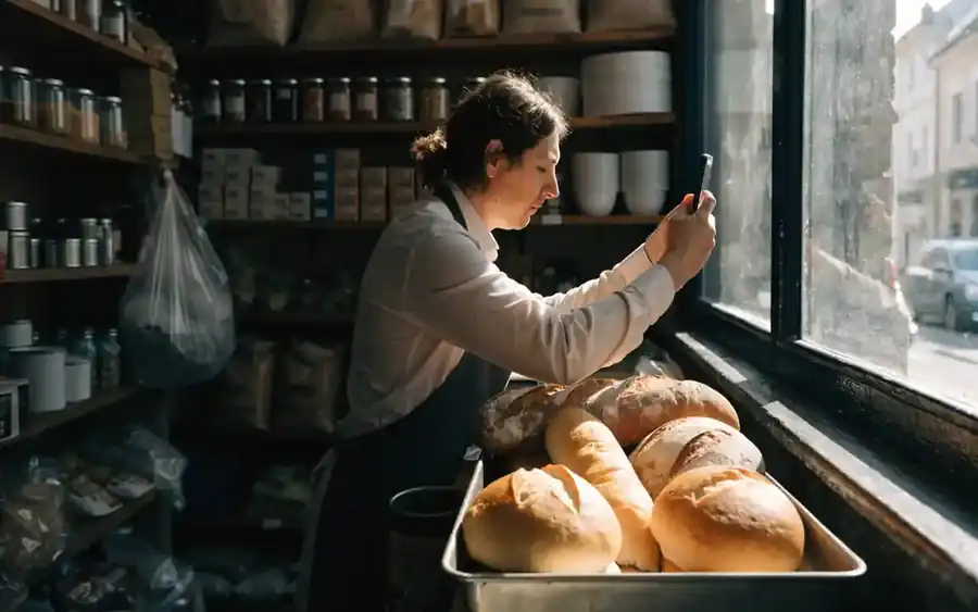 Eine Ladeninhaberin hinter der Theke fotografiert mit dem Handy frisch eingeräumtes Brot, im Hintergrund die Regale des Ladens