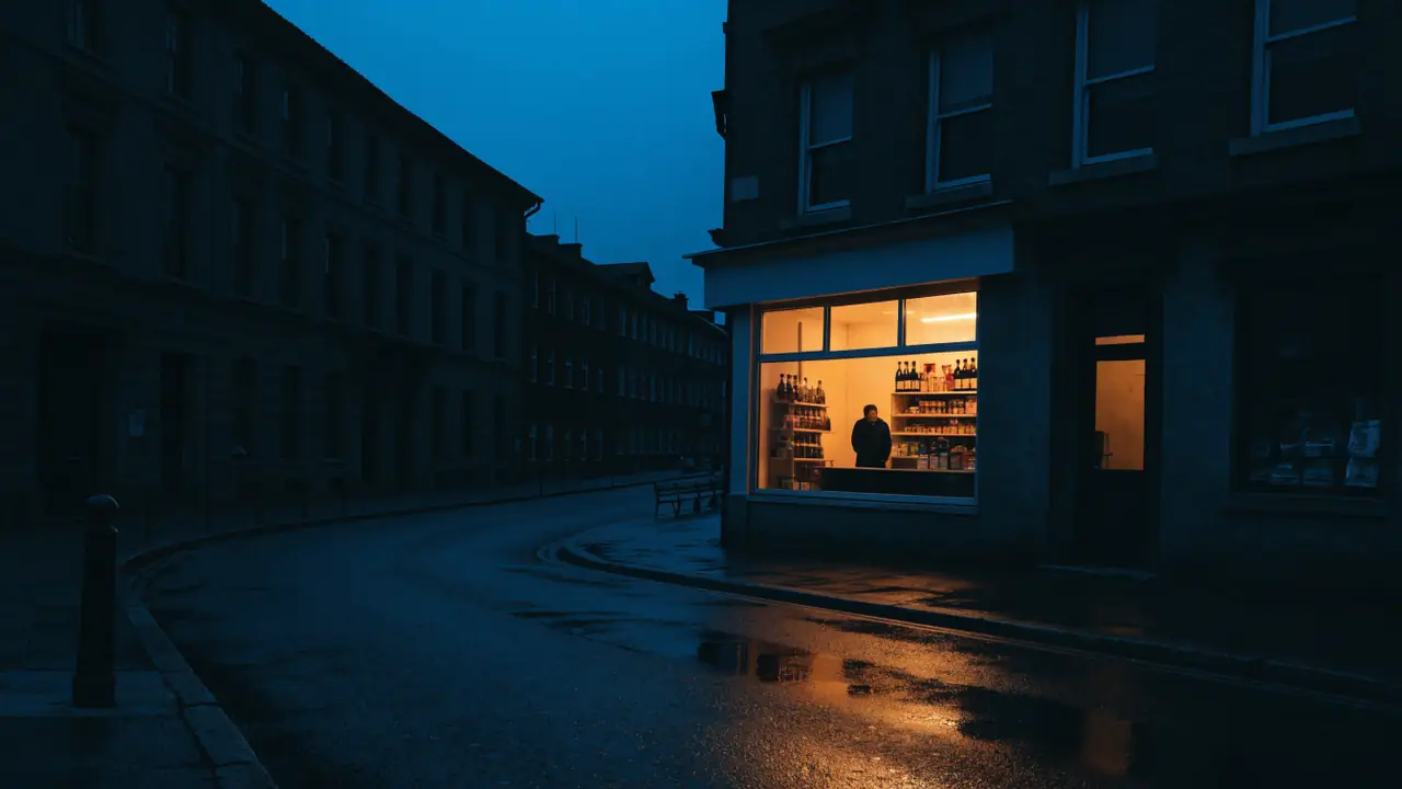 Das erleuchtete Schaufenster eines kleinen Ladens am späten Abend, die Öffnungszeiten an der Tür, drinnen eine einzelne Verkäuferin hinter der Theke