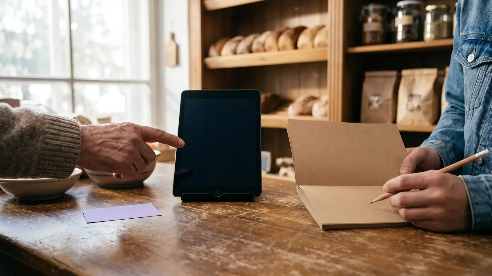 Ruka zkušené majitelky ukazuje na tablet na pultu, zatímco ruka nové kolegyně drží sešit; vzadu regály s pečivem