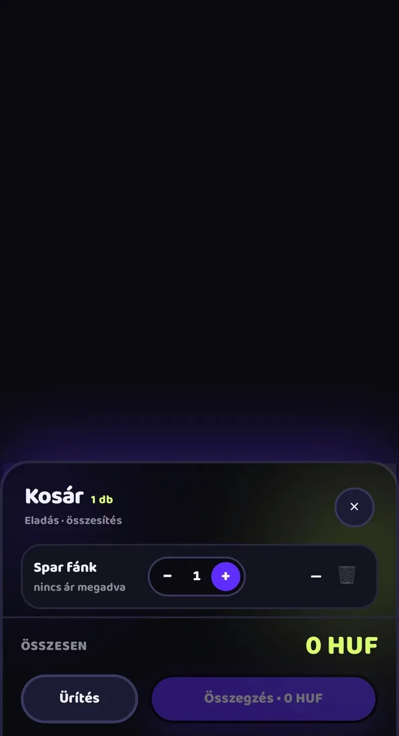 A kosár: tételek, darabszám és a végösszeg egyetlen képernyőn