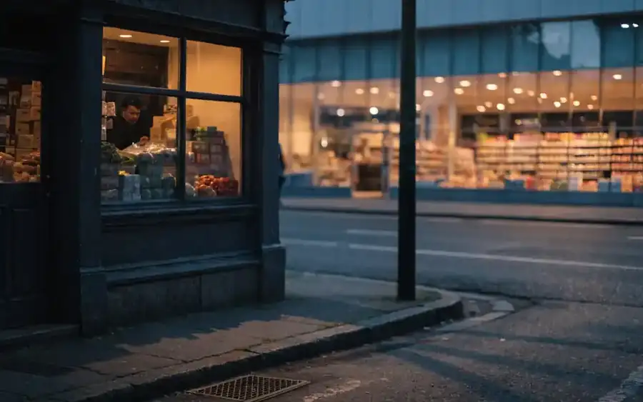 The lit window of a small shop on an evening street, the illuminated sign of a large store behind it, the shopkeeper at the counter