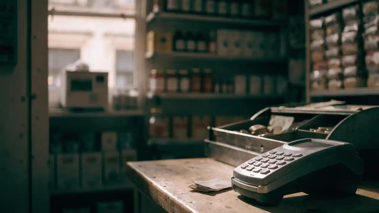 A card terminal and a stack of banknotes side by side on a shop counter, the open till drawer behind them