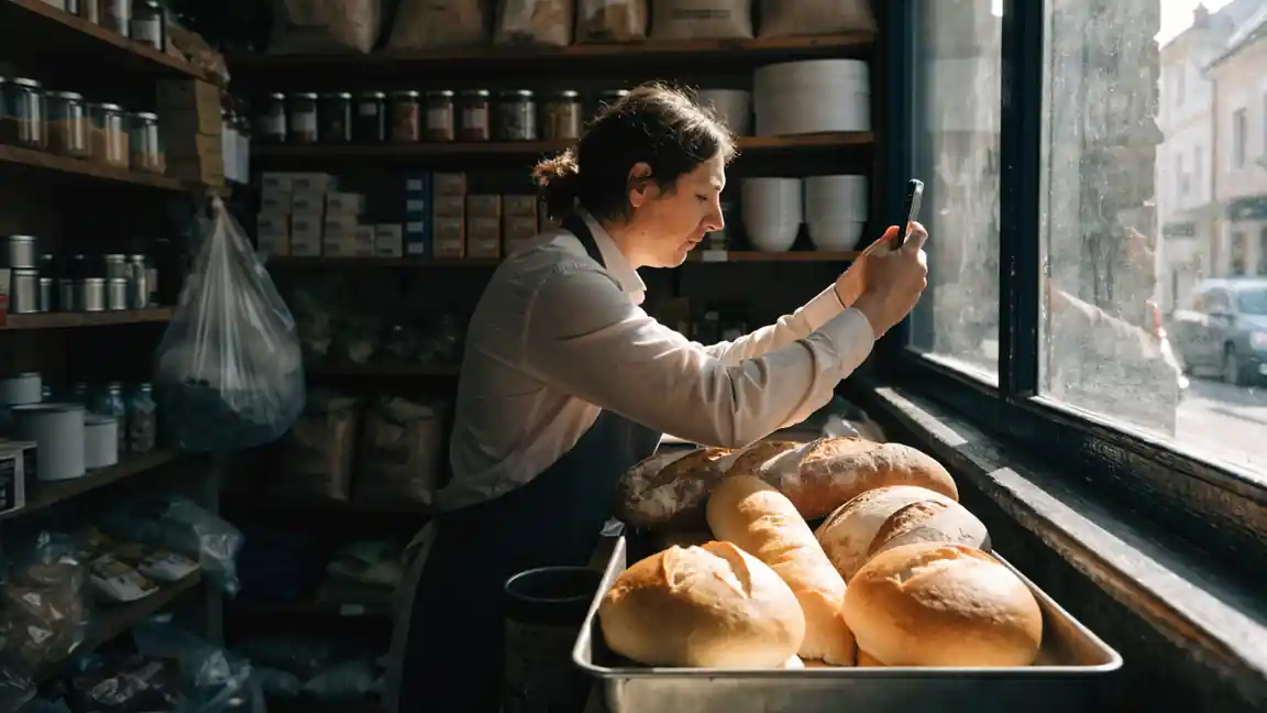 Una negoziante dietro al bancone fotografa col telefono il pane appena sistemato, sullo sfondo gli scaffali del negozio